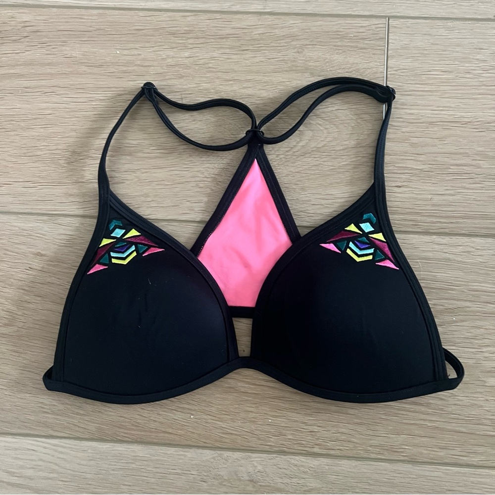 Black Embroidered Geometric Bikini Top